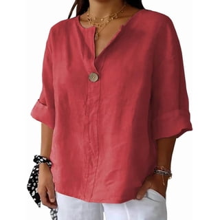 Wrongduck Womens Linen Cotton V Neck Blouse Plus Size 3/4 Sleeve Button Shirt Loose Fit Tunic Top
