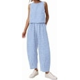 thumbnail image 1 of Carlikeit Womens 2 Piece Set Summer Plaid Sleeveless Top Wide Leg Pants Matching Lounge Outfit Cotton Beach Vacation Travel Casual Outfit 2026, 1 of 15