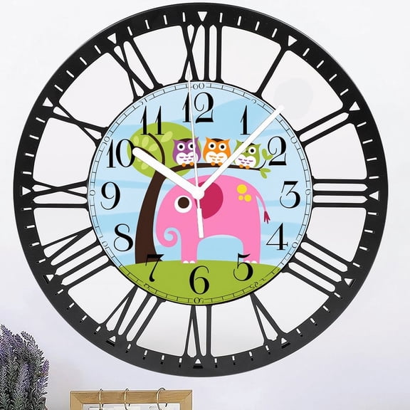 Wrought Iron 10 Inch Silent Non-Ticking Wall Clock for Kids Room,Quartz Movement Battery Operated Wall Clocks - Lovely Painted Elephant Owl Animal Style 25cm Style 1010inch(2525cm)