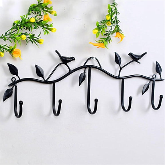 Wrought Iron Bird Design Wall Hook Rack – 5 Sturdy Hooks Entryway Organizer for Coats Hats Bags Towels Scarves Keys