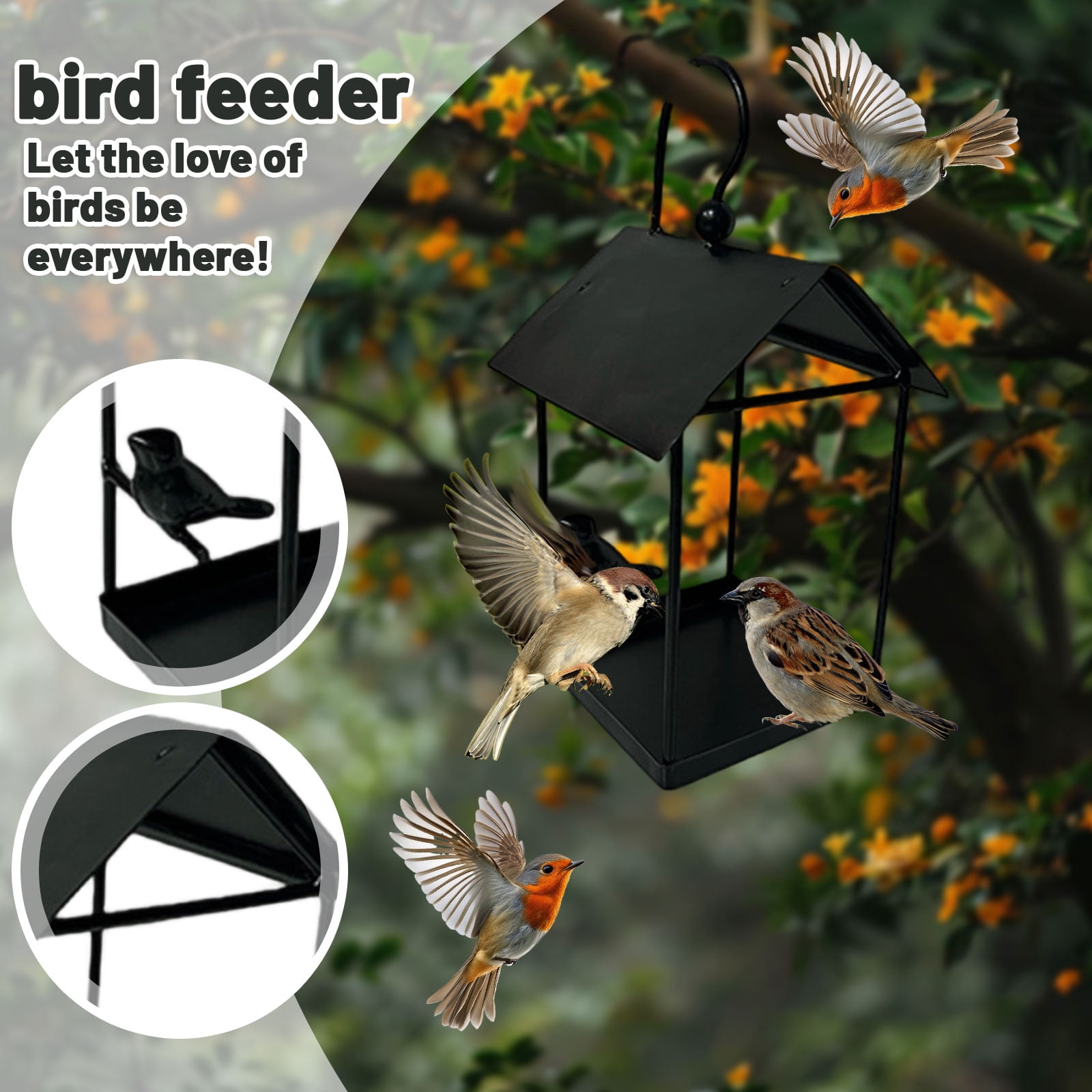 Wrought Iron Bird Feeder, Black Metal House Design with Hanging Loop