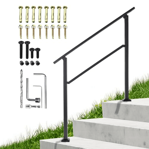 Wrought Iron Black Handrail Stair Railing Kit, 3 Step Adjustable Angle for Outdoor Concrete Deck Porch