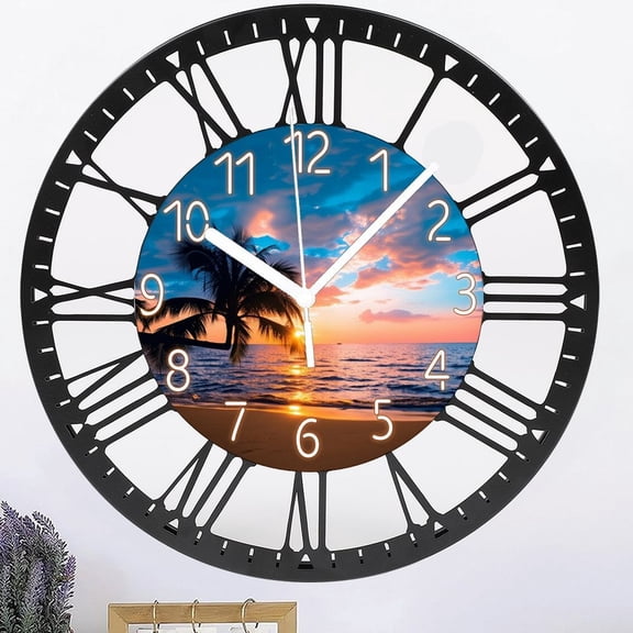 Wrought Iron Blue Nautical Beach Wall Clocks Battery Operated Palm- Tree Wall Clocks for Living Room 10 Inch Round Iron  Silent Wall Clock Non Ticking Sunset Clock Style 10×10inch(25×25cm)