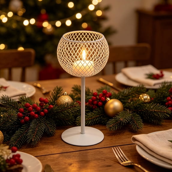 Wrought Iron Candlestick Holder Modern Spherical Mesh Tealight Stand for Dining Table Fireplace Mantel Room Centerpiece