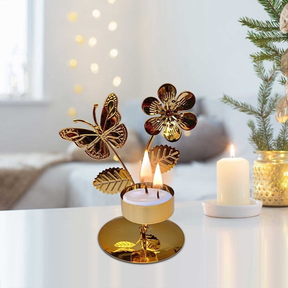 Wrought Iron Candlesticks, Four Optional Designs Butterflies Ginkgo Wheat Ear Trefoil, Romantic Table Decoration for Dining Room and Living Room Home Decor