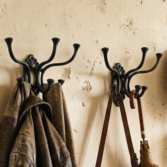 Wrought Iron Decorative Coat Hooks, Wall Mounted Hanging Hooks Set,Vintage Black Metal Hook Rack for Kitchen Balcony