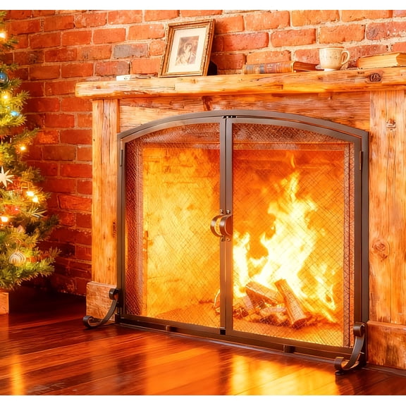 Wrought Iron Fireplace Screen With Doors, Arched Mesh Design, Standard