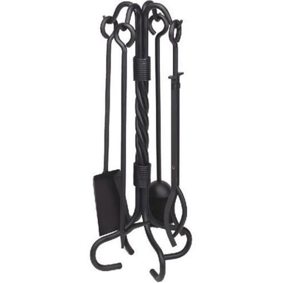 Wrought Iron Fireplace Tool Set with Twist Stand, Black - 5 Piece
