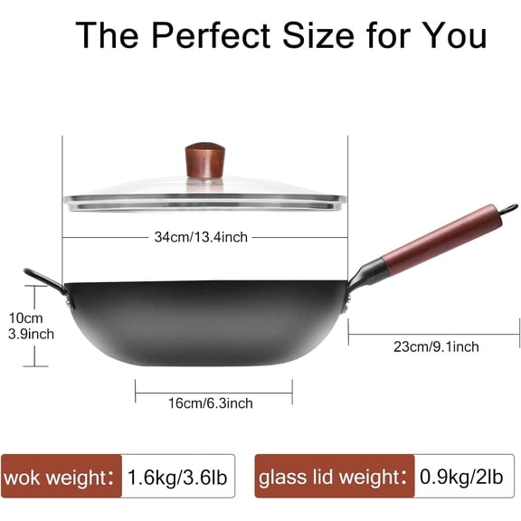 Wrought Iron Flat Bottom Wok with Glass Lid – Detachable Wooden Handle, Non-Coated Naturally Nonstick Frying Pan for Gas, Electric & Induction Stoves (Black Wok with Helper Handle, 13.4 inch)