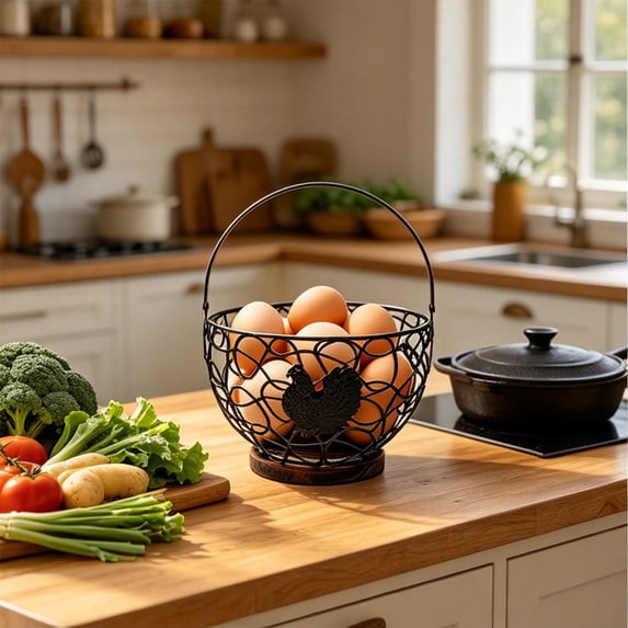 Wrought Iron Fruit Basket, Countertop Storage Organizer with Open Wire Design for Fresh Produce, Eggs, Snacks, and Bread, Durable Metal Kitchen Counter Basket for Home Organization