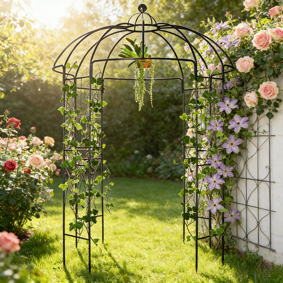 Wrought Iron Garden Arbor Gazebo 81.5 Inch Wide 106.7 Inch Tall Large Outdoor Metal Arch Trellis for Climbing Roses Vines Wedding Ceremony Backyard Patio Decor Heavy Duty Black Structure