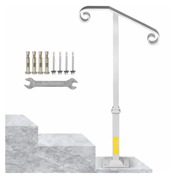 Wrought Iron Handrail Single Post White - Fits 1-2 Steps - Outdoor Stair Railing Grab Bar Support