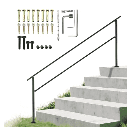 Wrought Iron Handrail Stair Railing Kit Outdoor Black 6-7 Step Adjustable Angle
