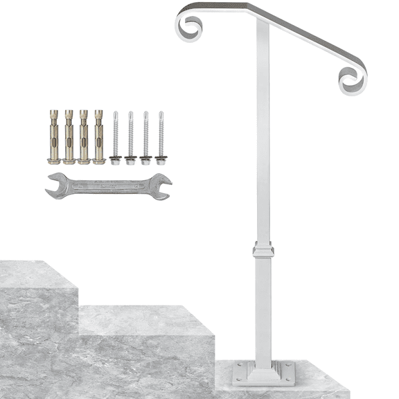 Wrought Iron Handrail White Single Post Grab Bar - Step Railing Support for 1-2 Steps