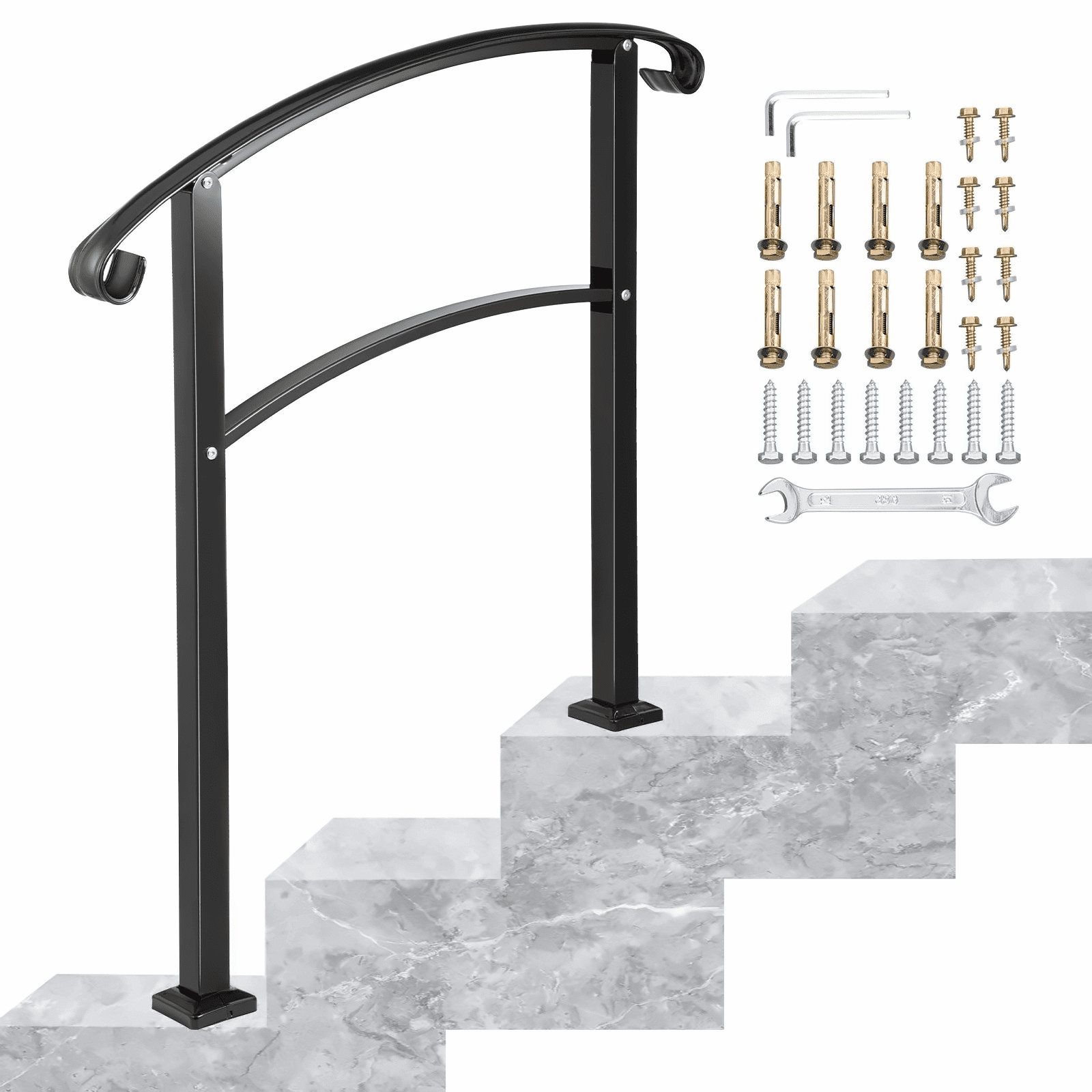 Wrought Iron Handrail for 3 Steps - Outdoor Stair Railing Matte Black ...