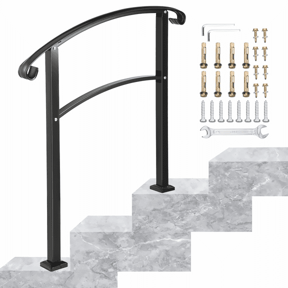 Wrought Iron Handrail for 3 Steps - Outdoor Stair Railing Matte Black - Hand Rails for Steps with Installation Kit - Unadjustable