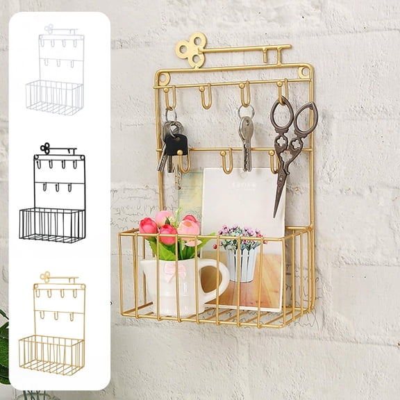 Wrought Iron Key Hook Storage Box - Modern Decorative Rack for Doorway & Entrance, Durable Key Organizer with Storage Compartment, Space-Saving Home Accessory for Item Storage, 11*7*3.4in, Gold