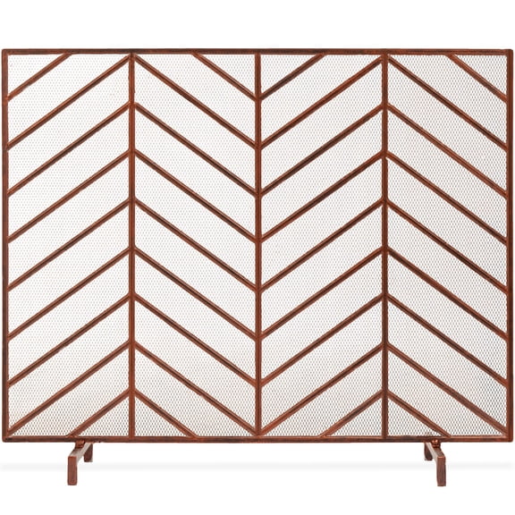 Wrought Iron Mesh Chevron Fireplace Screen - Copper Finish, 38x31 Inch