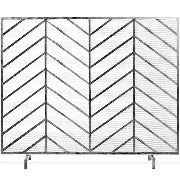Wrought Iron Mesh Chevron Fireplace Screen - Pewter Finish, 38x31 Inch