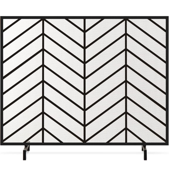 Wrought Iron Mesh Chevron Fireplace Screen - Satin Black Finish, 38x31 Inch