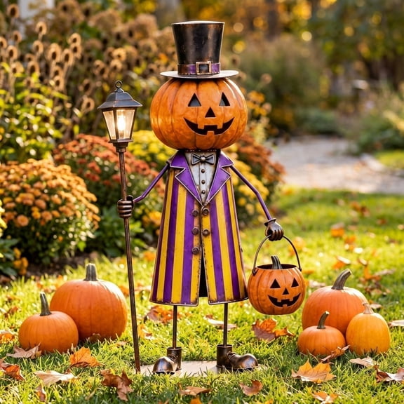 Wrought Iron Pumpkin Man Garden Ornament Halloween Fall Outdoor Decor, 2026 Spooky Harvest Yard Stake, Farmhouse Figurine for Home Porch Patio Lawn Display