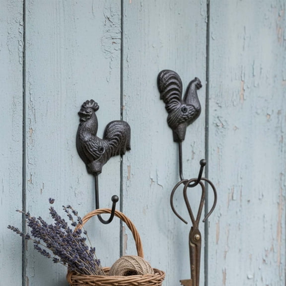 Wrought Iron Rooster Hen Wall Hook, Rustic Garden Patio Decor with Mounting Hardware, Key Hat Coat Hanger for Home Kitchen Entryway(A)