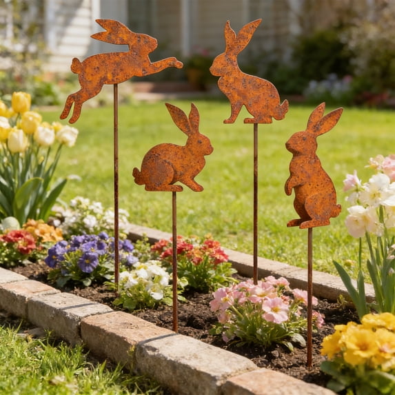 Wrought Iron Silhouette Garden Stakes, Outdoor Courtyard Inserts for Flower Pot and Lawn Decor - Brown