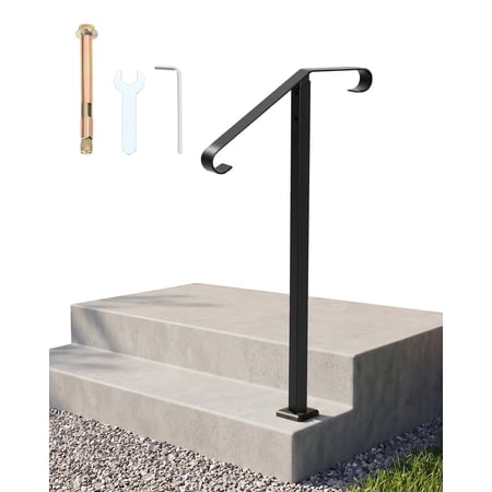 Wrought Iron Stair Handrail for 1-2 Steps Single Post Outdoor Indoor Dual Curved Ends 2 Pcs Black