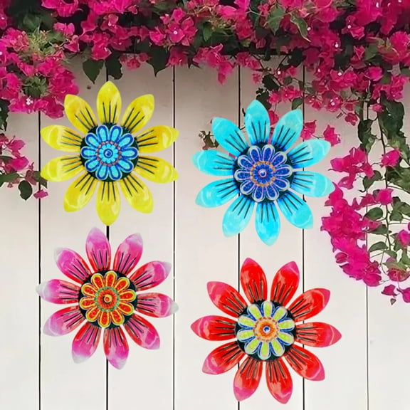Wrought Iron Wall Decor, Metal Outdoor Wall Art, 12 In, Floral Yard Decorations Outdoor, Garden Fence 2025, Multicolored, 4 Pc