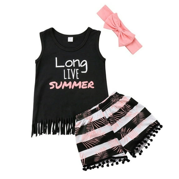 Wrrkayly Baby Girl Tassel Letter Print Vest + Striped Shorts + Bow Hairband