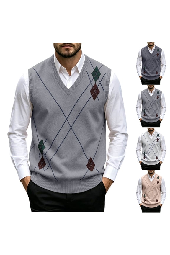 Wrtxtat Argyle Sweater for Men Warm Classic V Neck Sleeveless Pullover Sweaters Comfort Wool Blend Classic Fall Knit Tops Khaki#01 M