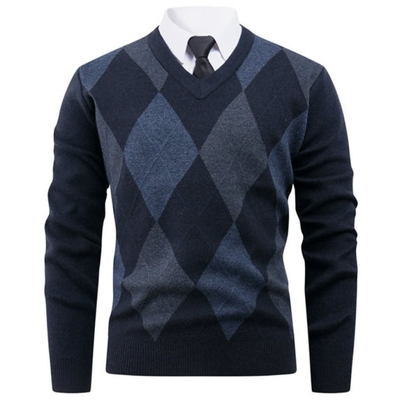 Wrtxtat Argyle Sweaters for Men Autumn Casual Midweight Stretchable Loungewear Pullover Slim Fit V-Neck Long Sleeve Sweater Navy M