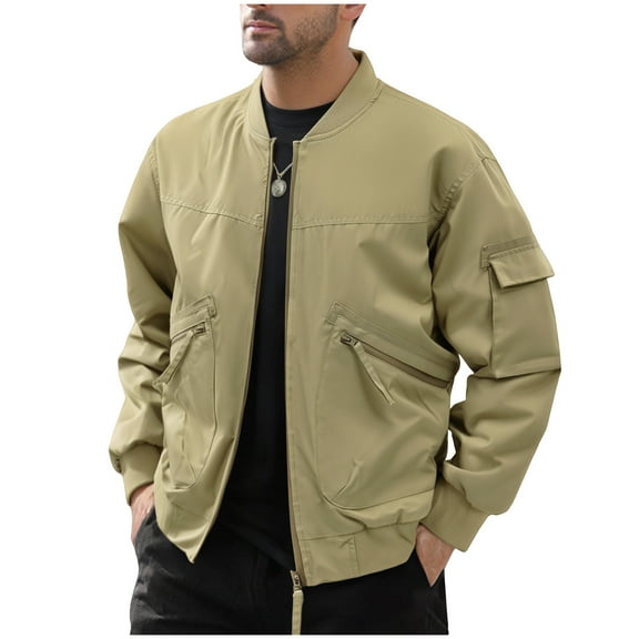 Wrtxtat Baseball Jacket for Men Solid Color Varsity Shacket with Multiple Pockets Full Zip Softshell Coats Autumn Fashion Midwieght Outerwear Coffee XXL