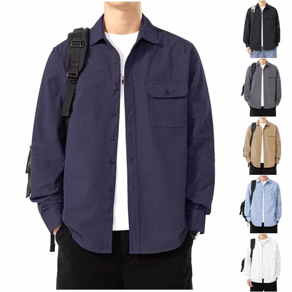 Wrtxtat Button Down Shirts for Men Lapel Long Sleeve Solid Color Shirts with Chest Pocket Cotton Cozy Stretch Soft Regular Fit Work Shirts Gray XL