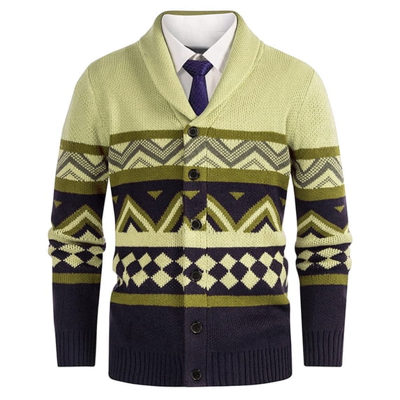 Wrtxtat Button Down V-Neck Sweater for Men Fall Heavyweight Thermal Fleece Cardigan Fashion Fair Isle Long Sleeves Knit Pullover Beige M