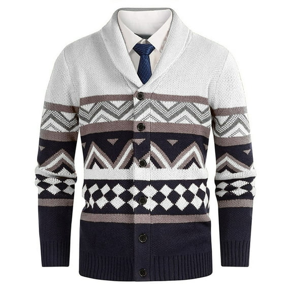 Wrtxtat Button Down V-Neck Sweater for Men Fall Heavyweight Thermal Fleece Cardigan Fashion Fair Isle Long Sleeves Knit Pullover White XXXL
