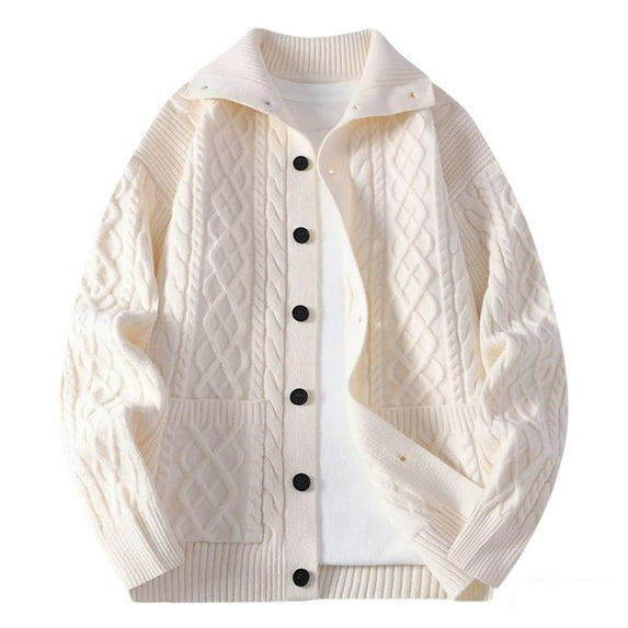 Wrtxtat Cable Knit Cardigan for Men Turn Down Collar Full Button Sweater Autumn Fashion Casual Thermal Midweight Outerwear Beige XXXXL
