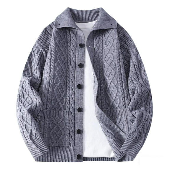 Wrtxtat Cable Knit Cardigan for Men Turn Down Collar Full Button Sweater Autumn Fashion Casual Thermal Midweight Outerwear Gray XXXL