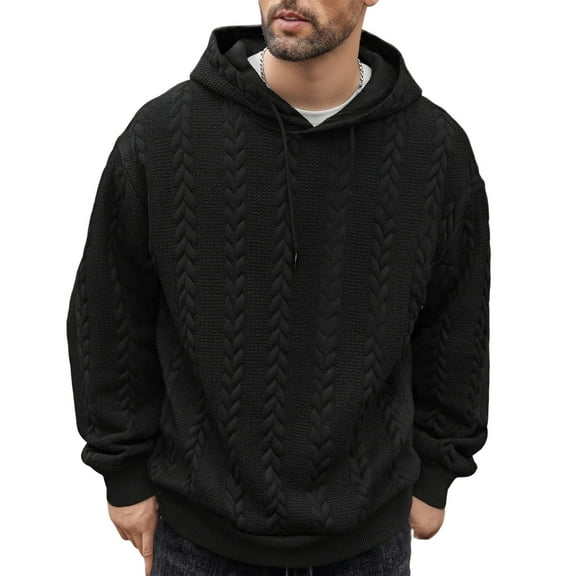 Wrtxtat Cable Knit Sweater for Men Autumn Warm Casual Drawtrings Hooded Pullover Sweater Relaxed Fit Crewneck Jacquard Long Sleeve Tops Black XXL