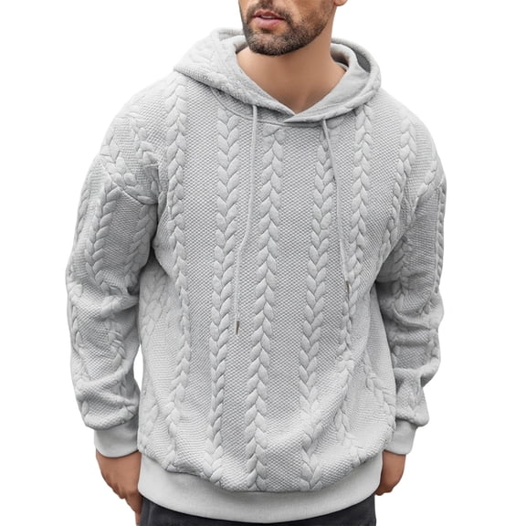 Wrtxtat Cable Knit Sweater for Men Autumn Warm Casual Drawtrings Hooded Pullover Sweater Relaxed Fit Crewneck Jacquard Long Sleeve Tops Gray M