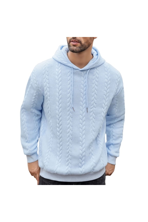 Cable Knit Sweater for Men Autumn Warm Casual Drawtrings Hooded Pullover Sweater Relaxed Fit Crewneck Jacquard Long Sleeve Tops Light Blue XL
