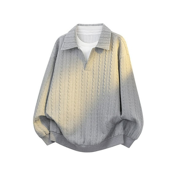 Wrtxtat Cable Knit Sweater for Men Jacquared Solid Color Pullover V-Neck Collared Tops Autumn Fashion Midweight Loungewear Tops Gray M