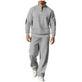 thumbnail image 1 of Wrtxtat Casual Sweatsuit for Men Striped Knit Quarter Button Long Sleeve Tops Drawstrings Wide Leg Elastic Waist Pants Suit Gray M, 1 of 7