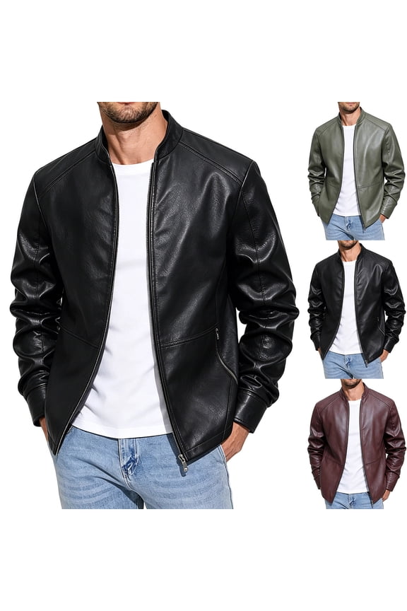 Classic Leather Bomber Jackets for Men Retro Motor Riding Waterproof Zip-Up Jackets Turndown Collar Business Casual Work Trucker Coats Black M
