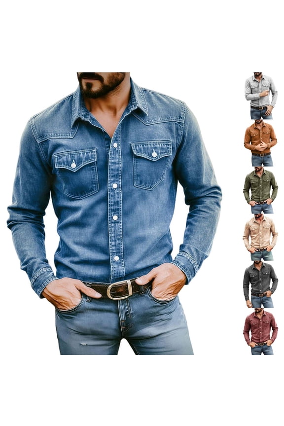 Denim Button Down Shirt for Men Long Sleeve Lapel Shirts Classic Fit Hippie Western Cowboys Cotton Shirts with 2 Chest Pocket Dark Green XL