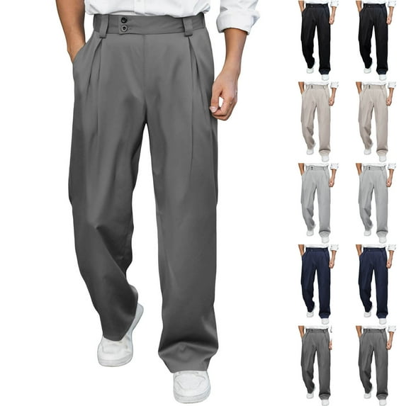 Wrtxtat Dress Pants for Men Stretch Lightweight Straight Wide Leg Trousers with Pockets Work Office Formal Business Pants Gray L