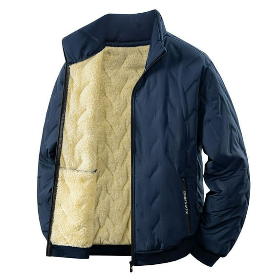Wrtxtat Fleece Lined Jackets for Men Full Zip Solid Color Outerwear Heavyweight Quilted Puffer Jackets with Pockets Winter Outdoor Warm Hoodies Blue S