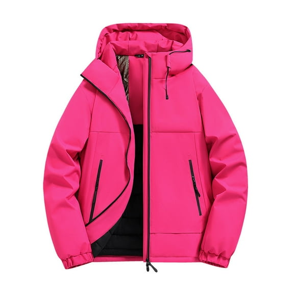 Wrtxtat Full Zip Drawstrings Hoodie for Men Winter Fashion Thermal Heavyweight Outerwear with Multiple Pockets Softshell Snow Jackets Hot Pink XL
