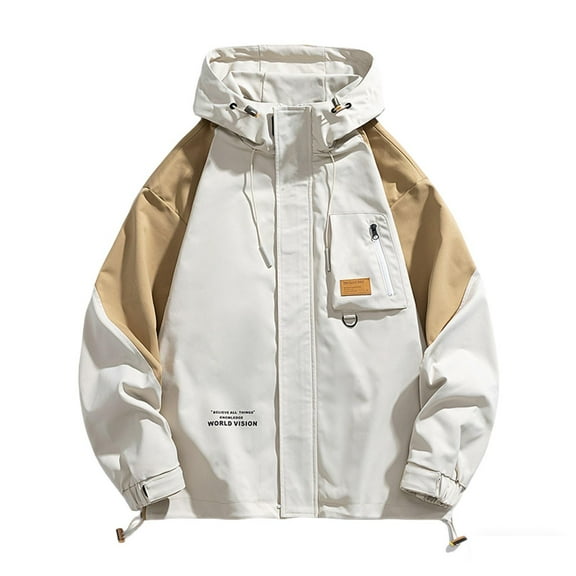 Wrtxtat Full Zip Drawstrings Jackets for Men Fashion Midweight Waterproof Hoodie Fall Softshell Wind Ressistant Tops Colorblock Outerwear Big and Tall Khaki XXL