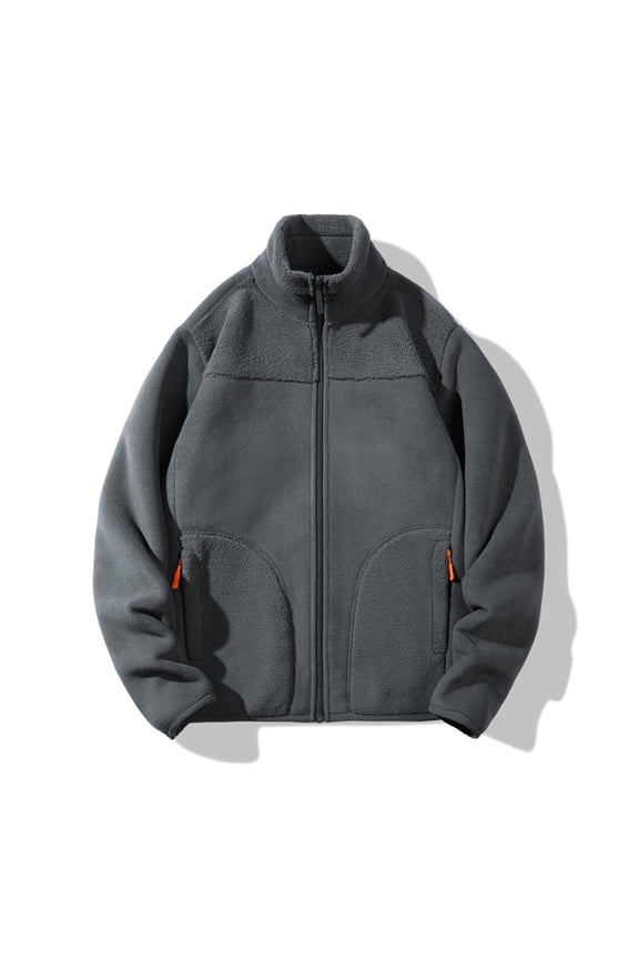Full Zip Fleece Jacket for Men Winter Warm Polar Fleece Long Sleeves Stand Collar Coat Solid Color High Neck Pockets Top Big and Tall Dark Gray XXXXL